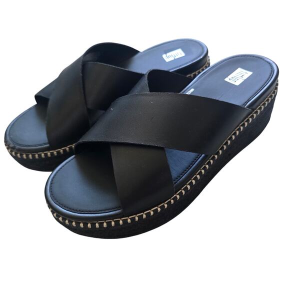 Fitflop Eloise Crossover Strap Espadrille Platform Sandal Size 8 Black Wedge - Picture 1 of 8